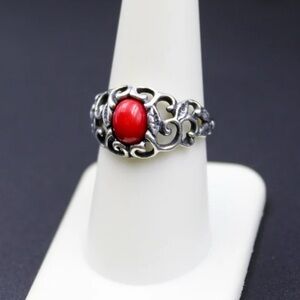 Beautiful Red Oval Coral with Swirl Design Sterling Silver Size 6